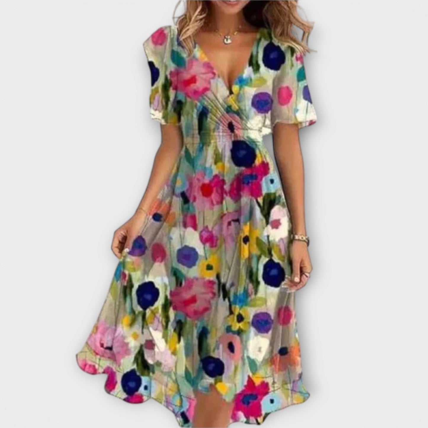 Beryl | Stilfuld Blomstret V-Neck Midi Kjole