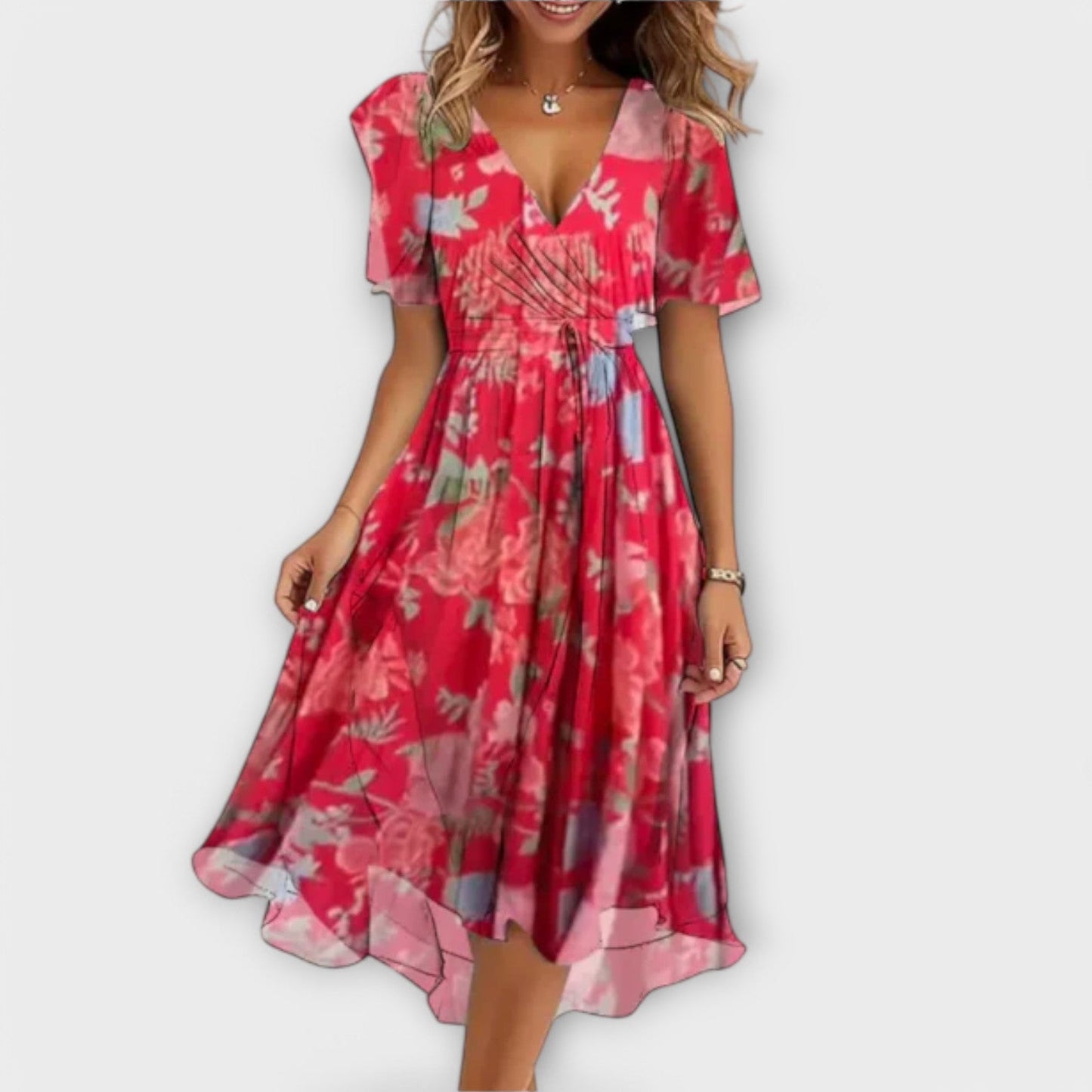 Beryl | Stilfuld Blomstret V-Neck Midi Kjole