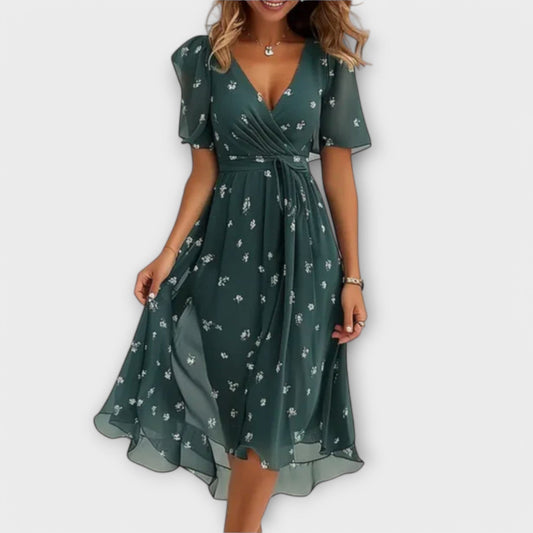 Beryl | Stilfuld Blomstret V-Neck Midi Kjole