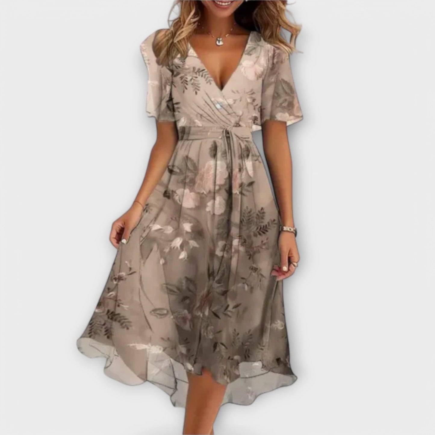 Beryl | Stilfuld Blomstret V-Neck Midi Kjole